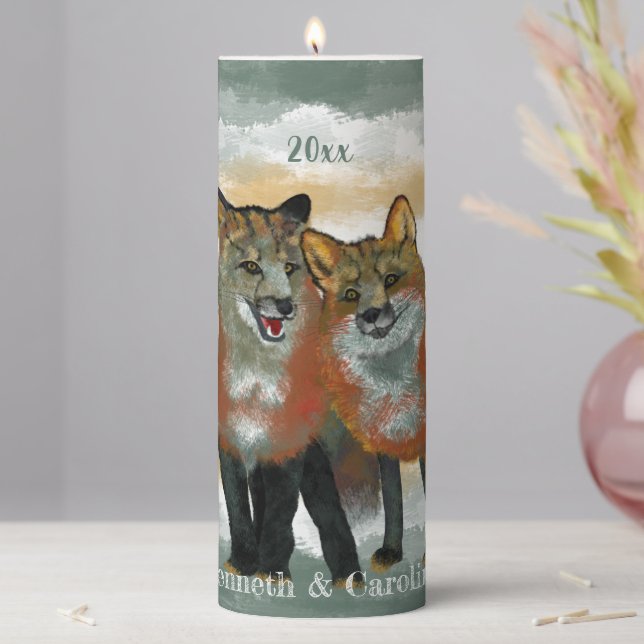Rustic Gold, Green Foxes Forest Pillar Candle (In Situ)