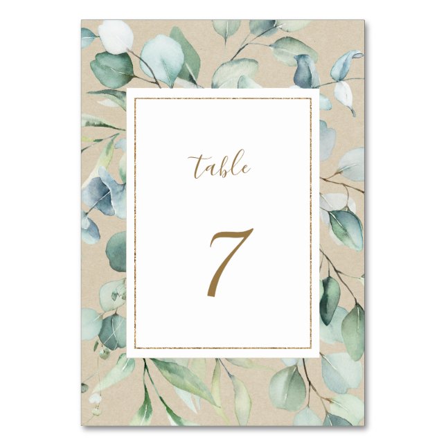 Rustic Gold Green Watercolor Wedding Table Number (Front)