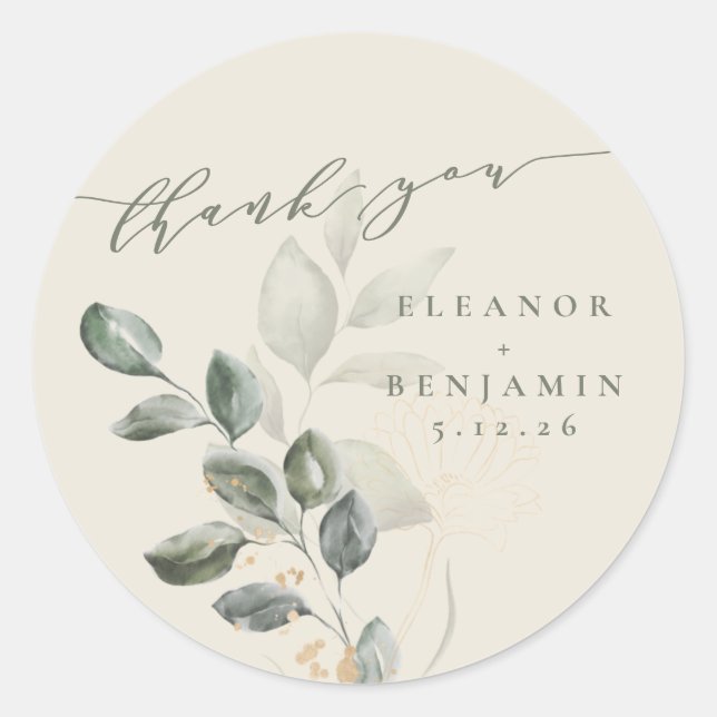 Rustic Gold Greenery Custom Wedding Thank You Classic Round Sticker (Front)