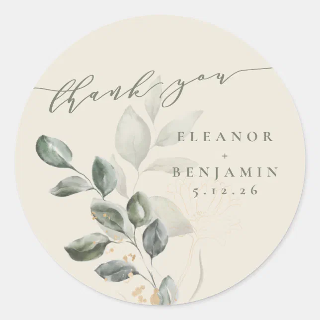 Rustic Gold Greenery Custom Wedding Thank You Classic Round Sticker ...