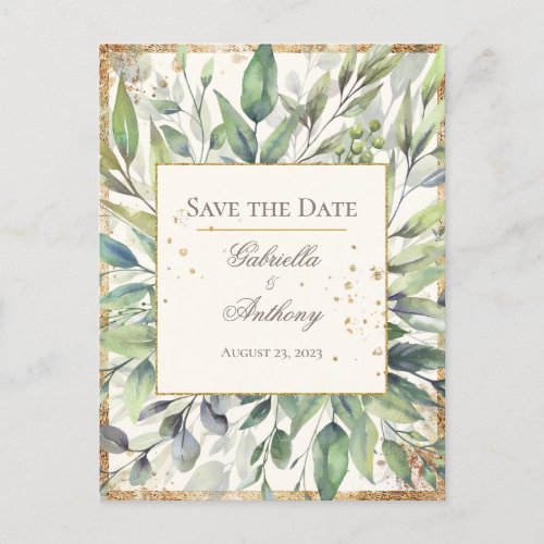 Rustic Gold Greenery Watercolor Save the Date Postcard