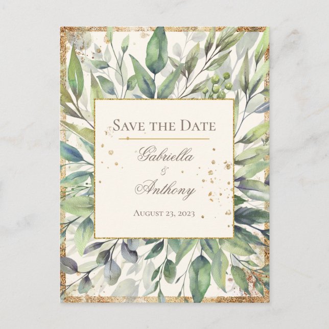 Rustic Gold Greenery Watercolor Save the Date Postcard (Front)