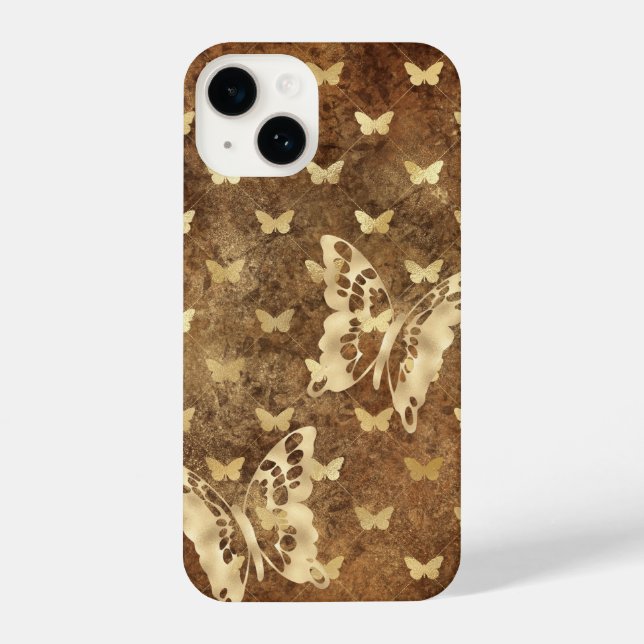Rustic Gold Grunge Butterflies iPhone 14 Cases (Back)