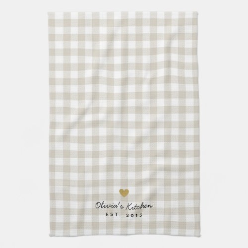 Rustic Gold Heart and Beige Buffalo Check Kitchen Towel