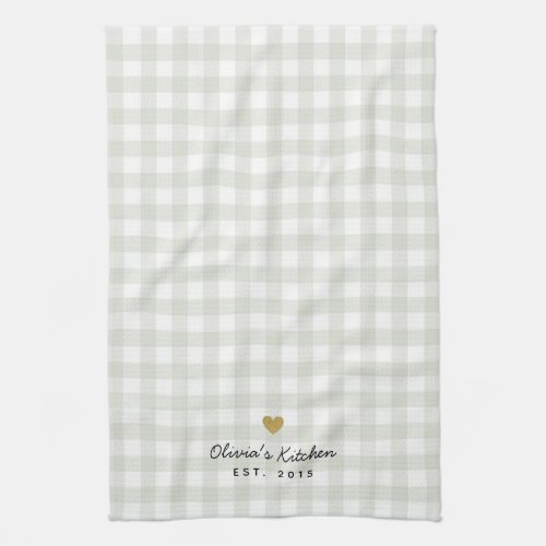 Rustic Gold Heart and Sage Buffalo Check Kitchen Towel