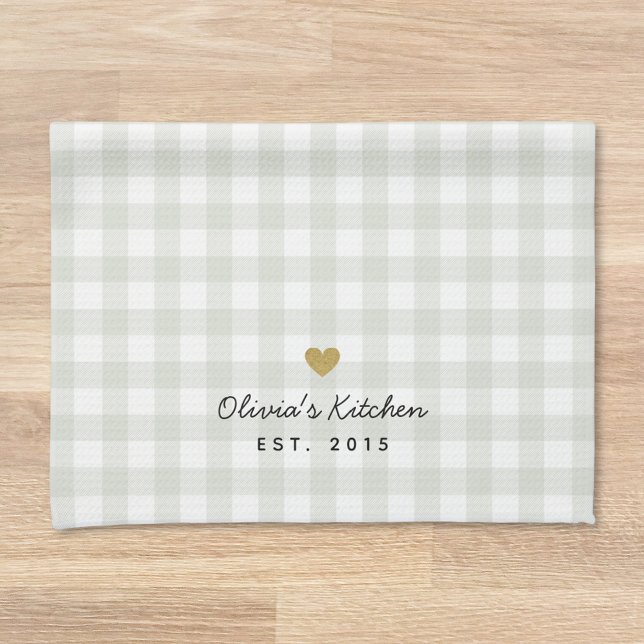 Rustic Gold Heart and Sage Buffalo Check Kitchen Towel (Creator Uploaded)