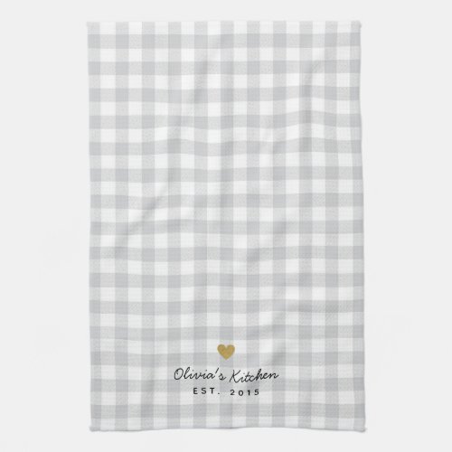 Rustic Gold Heart and Soft Gray Buffalo Check Kitchen Towel