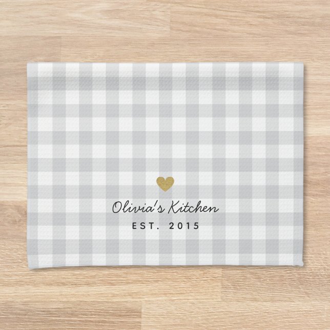 Rustic Gold Heart and Soft Gray Buffalo Check Kitchen Towel (Creator Uploaded)