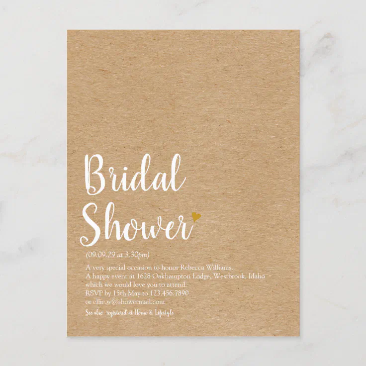 Rustic Gold Heart Script Bridal Shower Definition Announcement Postcard Zazzle
