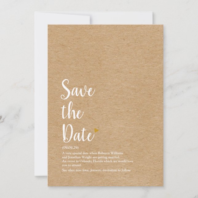 Rustic Gold Heart Script Save the Date Definition Invitation (Front)