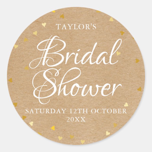 Rustic gold hearts confetti bridal shower favor classic round sticker (Front)
