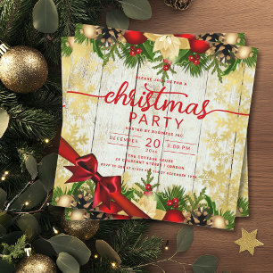 Rustic Gold Holly Berries & Baubles Company Xmas Invitation