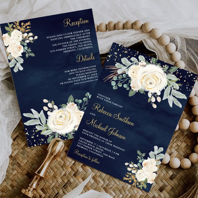 Rustic Gold Ivory Floral All in One Navy Wedding Invitation (Creator Uploaded)