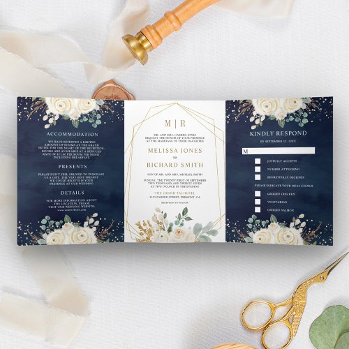 Rustic Gold Ivory Floral All in One Navy Wedding Tri_Fold Invitation