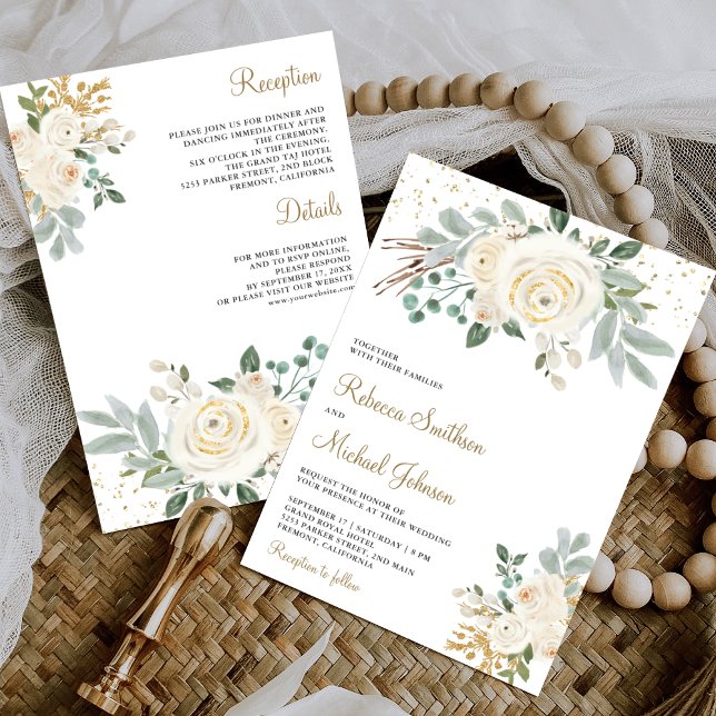 Rustic Gold Ivory Floral All in One Wedding Invitation (Creator Uploaded)