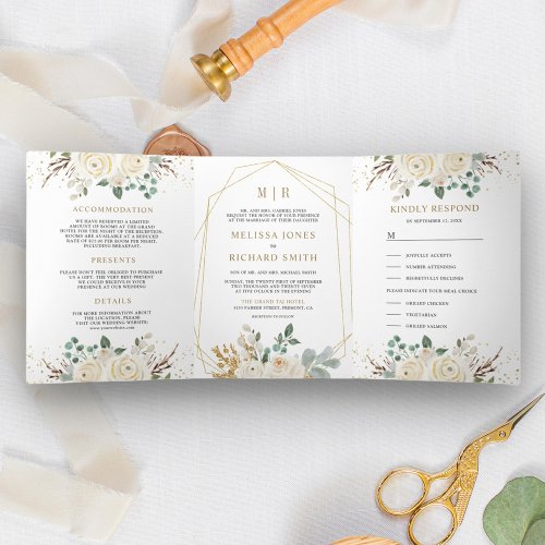 Rustic Gold Ivory Floral All in One Wedding Tri_Fold Invitation
