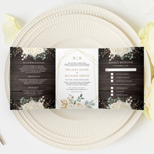 Rustic Gold Ivory Floral All in One Wood Wedding Tri_Fold Invitation