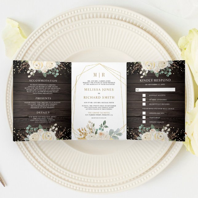 Rustic Gold Ivory Floral All in One Wood Wedding Tri-Fold Invitation (Creator Uploaded)