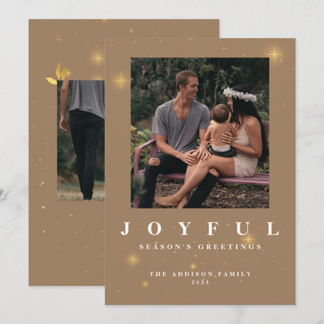 Rustic Gold Joyful Two Photo Christmas Holiday Card (Front/Back)
