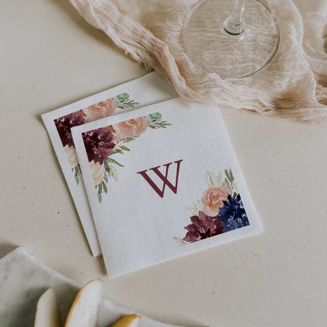 Rustic Gold Leaves and Floral Monogram Wedding Napkins (Creator Uploaded)