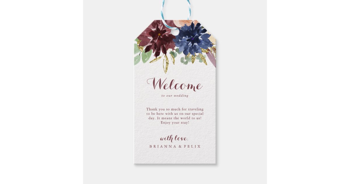 Rustic Gold Leaves and Floral Wedding Welcome Gift Tags | Zazzle