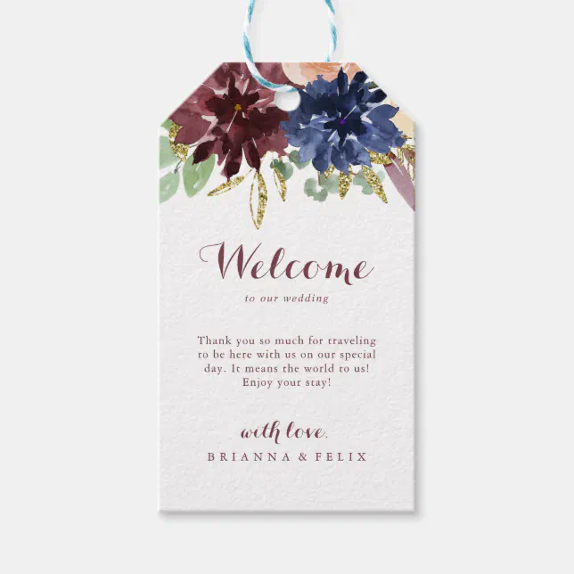 Rustic Gold Leaves and Floral Wedding Welcome Gift Tags | Zazzle