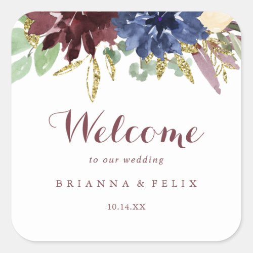 Rustic Gold Leaves and Floral Wedding Welcome Square Sticker