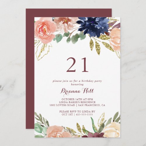 Rustic Gold Leaves Calligraphy 21st Birthday Party Invitation