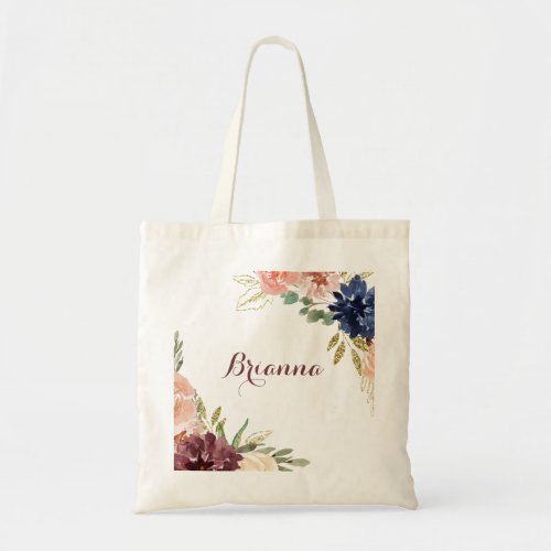 Rustic Gold Leaves Calligraphy Bridesmaid Tote Bag