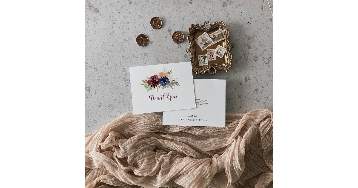 Rustic Gold Leaves Calligraphy Flat Wedding Thank You Card | Zazzle