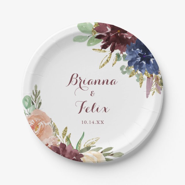 Rustic Gold Leaves Calligraphy Wedding Cake Paper Plates (Front)