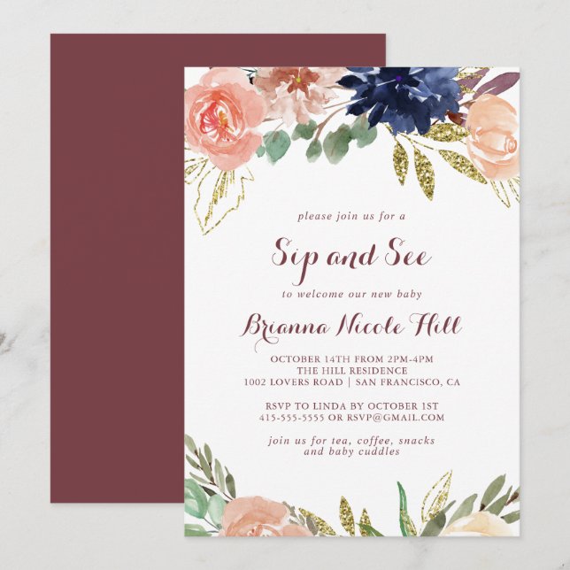Rustic Gold Leaves Floral Calligraphy Sip and See Invitation (Front/Back)