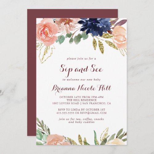Rustic Gold Leaves Floral Calligraphy Sip and See Invitation