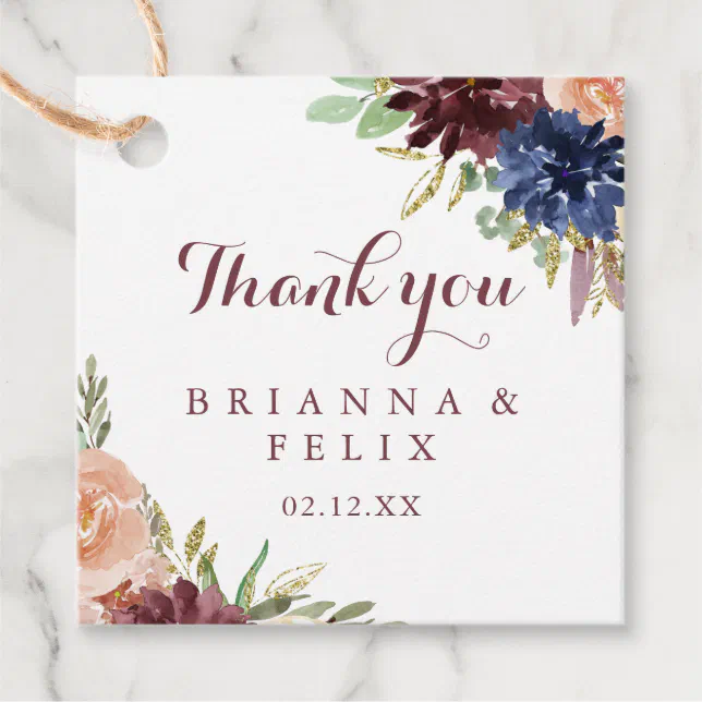 Rustic Gold Leaves Floral Calligraphy Wedding Favor Tags | Zazzle