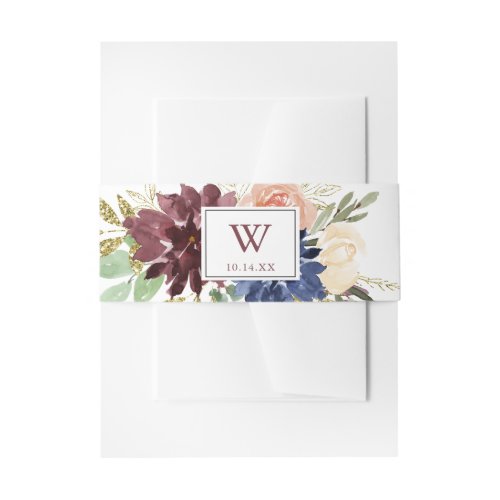 Rustic Gold Leaves Floral Monogram Wedding Invitation Belly Band
