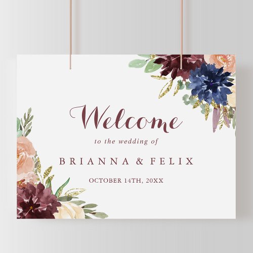 Rustic Gold Leaves Floral Wedding Welcome Sign