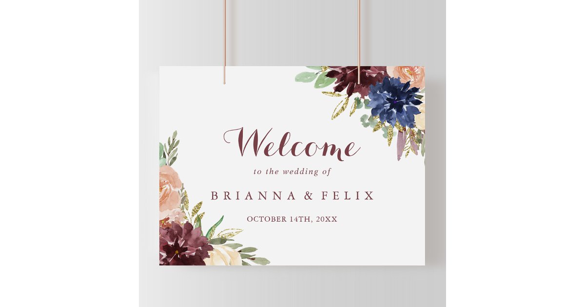 Rustic Gold Leaves Floral Wedding Welcome Sign | Zazzle