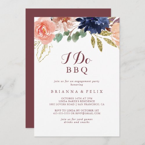Rustic Gold Leaves I Do BBQ Engagement Party Invitation
