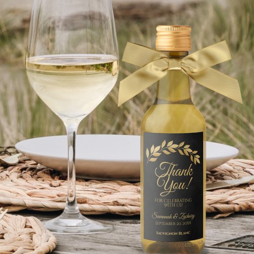 Rustic Gold Leaves on Black Wedding Thank You Mini Wine Label