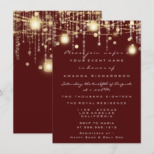 Rustic Gold Lights Jar Burgundy Roses Wedding Invitation (Front/Back)