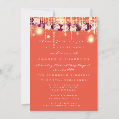Rustic Gold Lights Jar Coral Roses Wedding Invitation