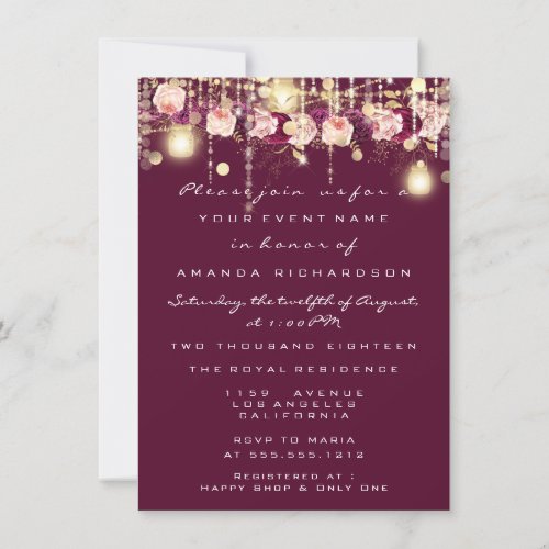 Rustic Gold Lights Jar Marsala Roses Wedding Invitation