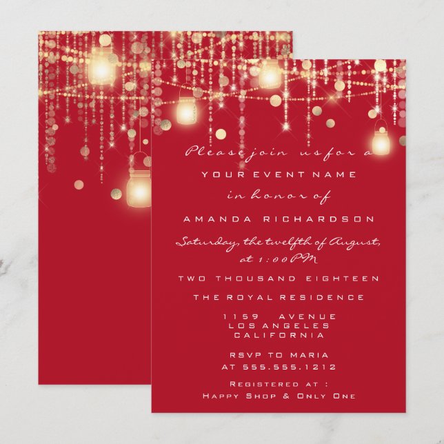Rustic Gold Lights Jar Red Wine Bridal Wedding Invitation (Front/Back)