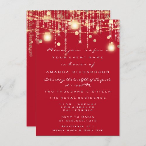 Rustic Gold Lights Jar Red Wine Bridal Wedding Invitation