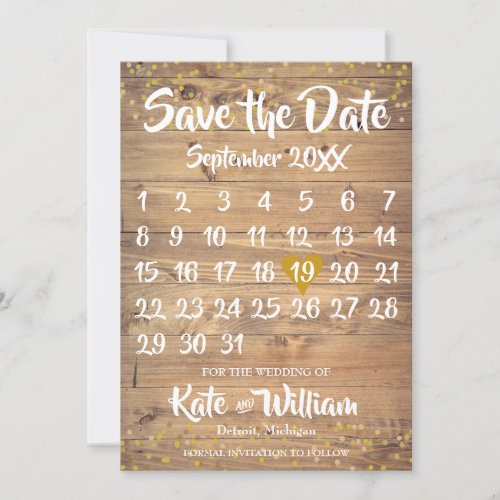 Rustic Gold Love Heart Calendar Save the Date