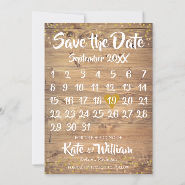 Rustic Gold Love Heart Calendar Save the Date (Front)