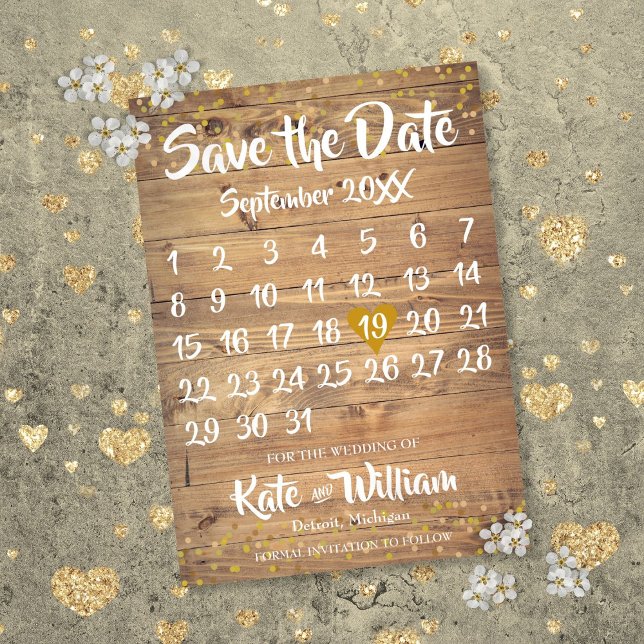 Rustic Gold Love Heart Calendar Save the Date (Rustic Gold Love Heart Calendar Save the Date)