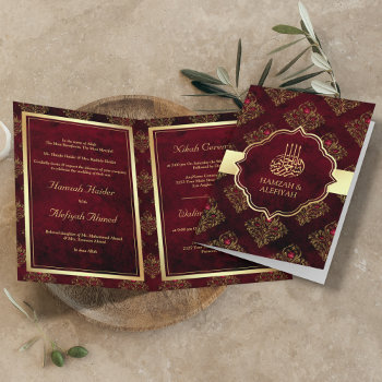 Rustic Gold Maroon Red Damask Muslim Wedding Invitation by ShabzDesigns at Zazzle