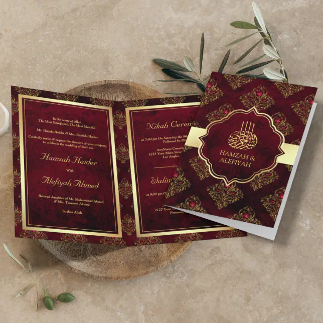 Rustic Gold Maroon Red Damask Muslim Wedding Invitation | Zazzle