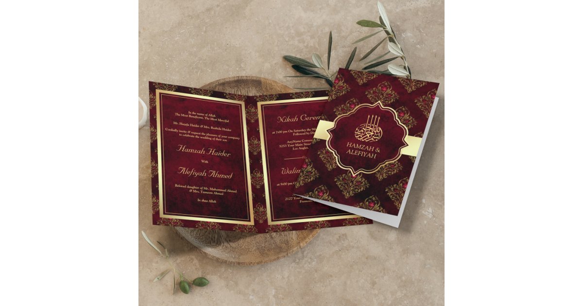 Rustic Gold Maroon Red Damask Muslim Wedding Invitation